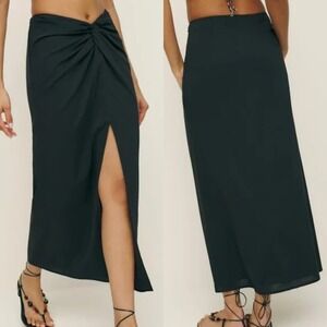 Reformation Black Orson Maxi Skirt Split Front Ruched Knot